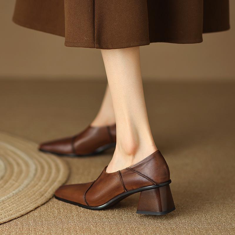 Fashion 2024 Spring/Autumn Women Shoes Square Toe High Heels Leather Chunky Heel Women Pumps Retro Slip on Black Shoes for Women