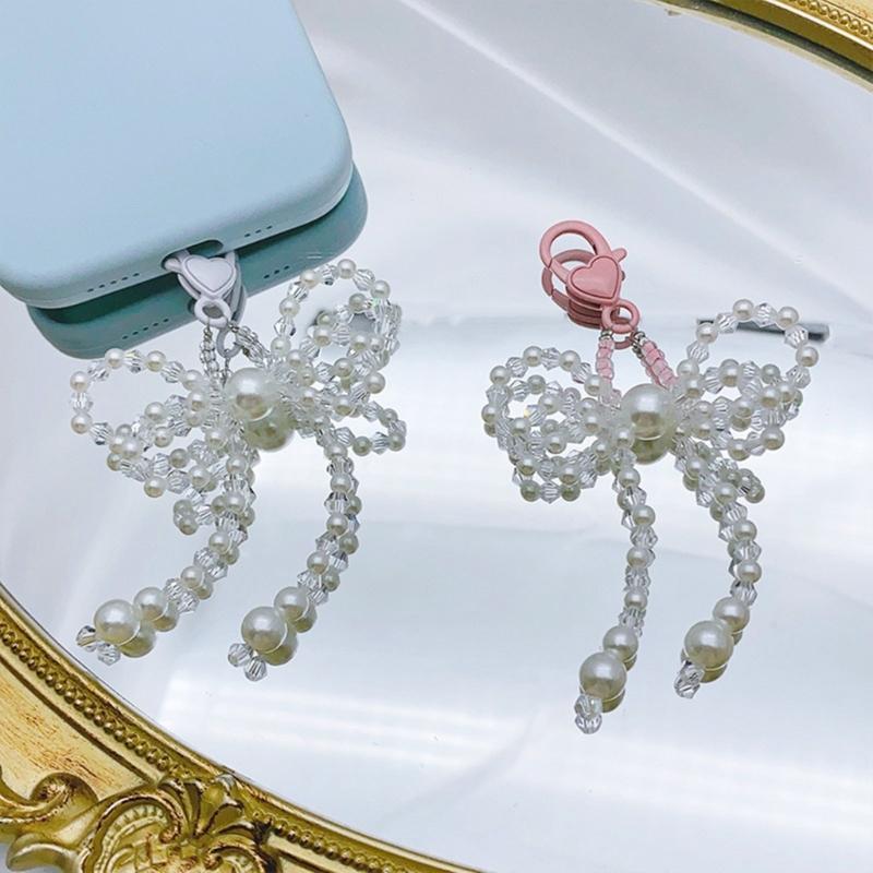 Y2K Crystal Beaded Bowknot Pendant Phone Strap Lanyard Pocket Keychain Strap Backpack Charm Car Keys Decoration Chain