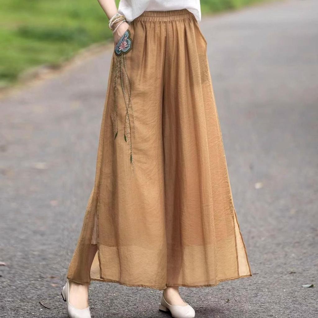 Damen Mode Doppellagige Weite Hosen Exquisite Bestickte Baumwolle Leinen Lässige Hosen