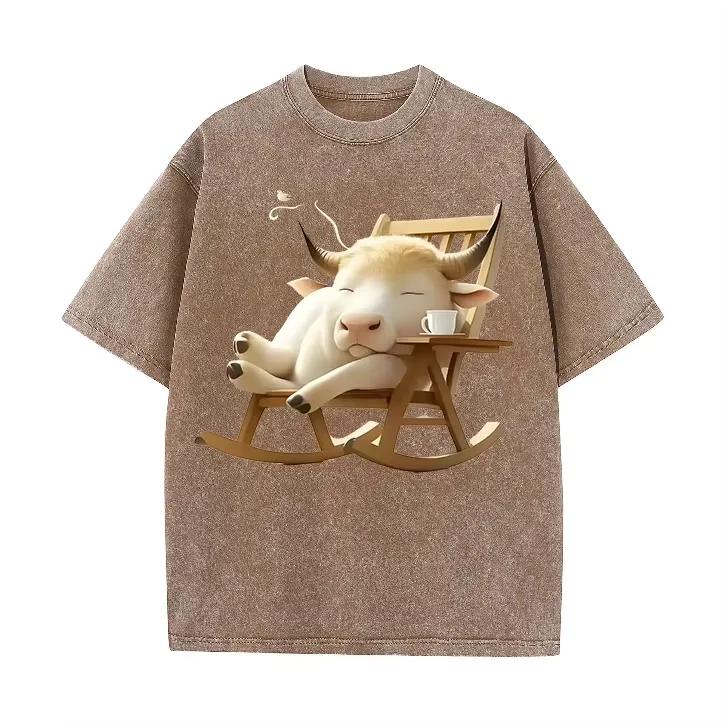Cute Relaxing Cow Print Vintage Washed Brown Casual Animal Graphic T Shirt S разноцветный
