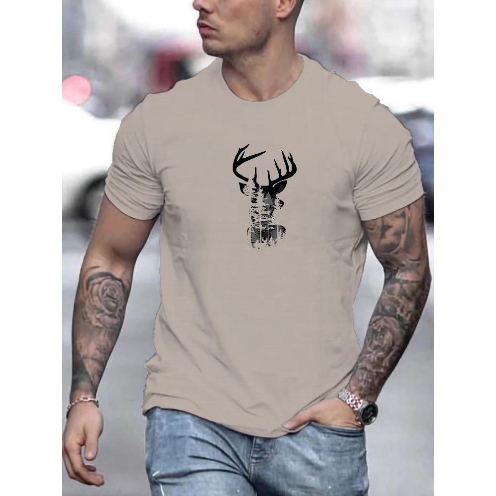 Men's Summer 100%  Fashionable Casual Loose Sports Deer Head Pattern Printed Round Neck Short Sleeved T-shirt Top
