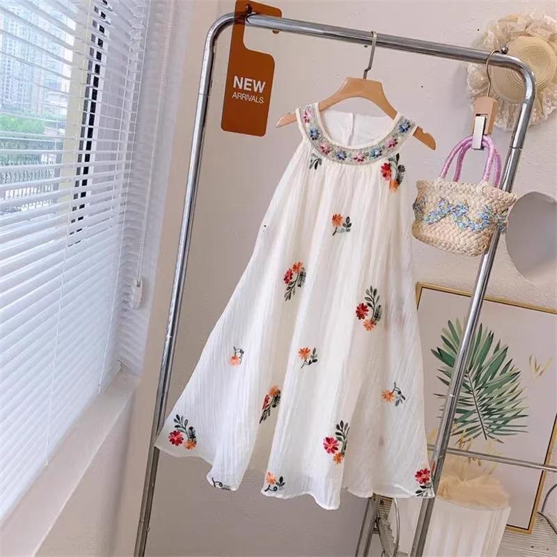 Summer Arrival Neck Embroidered Dress Floral Embroidered Mesh Layered Sleeveless Dress Girls Cute