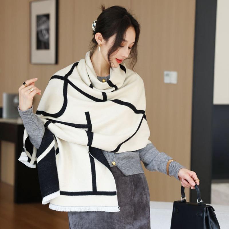 New blended wool scarf women's autumn and winter double-sided letter jacquard shawl high-end versatile thickened scarf shawl