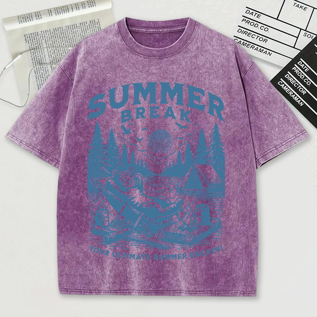 Summer Break Prints Washed T-Shirt Men Summer Loose Cool O-Neck Tee Breathable Sport Soft Cotton Short Sleeve