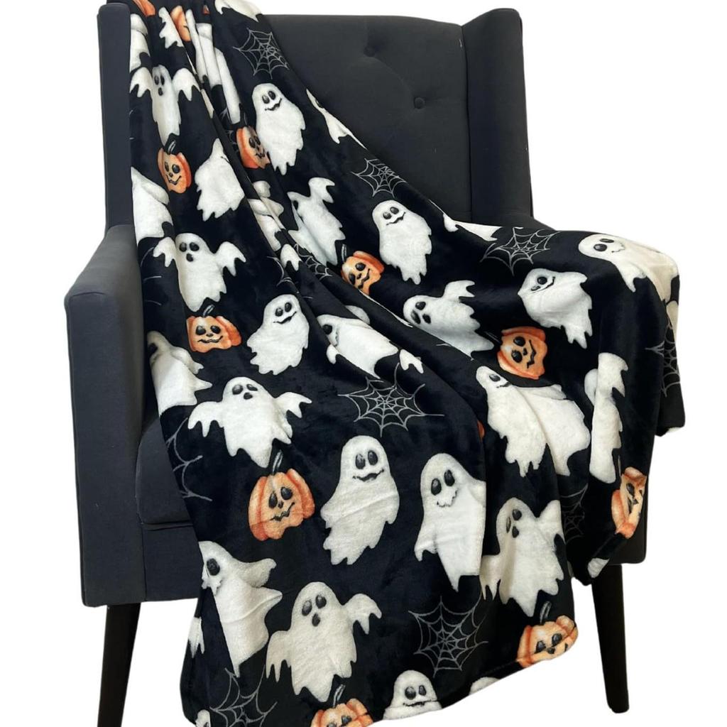 Halloween Flannel Blanket - Soft, Warm, Spider Webs, Witch Hats, Bats Design