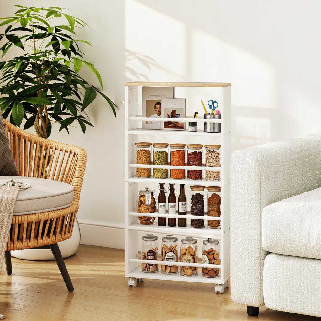 Multifunctional Natural Wood Shelf with Wheels, Slim Design, 4 Compartments, 45x15x91 Cm, White