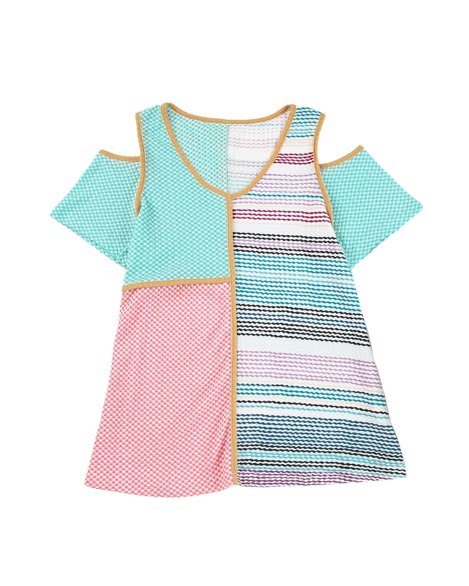 

Azura Exchange Stripe Color Block Cold Shoulder Knit Top M різнокольоровий