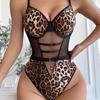 Women Sexy Leopard Print Mesh Strappy One Piece Intimate Lingerie Set