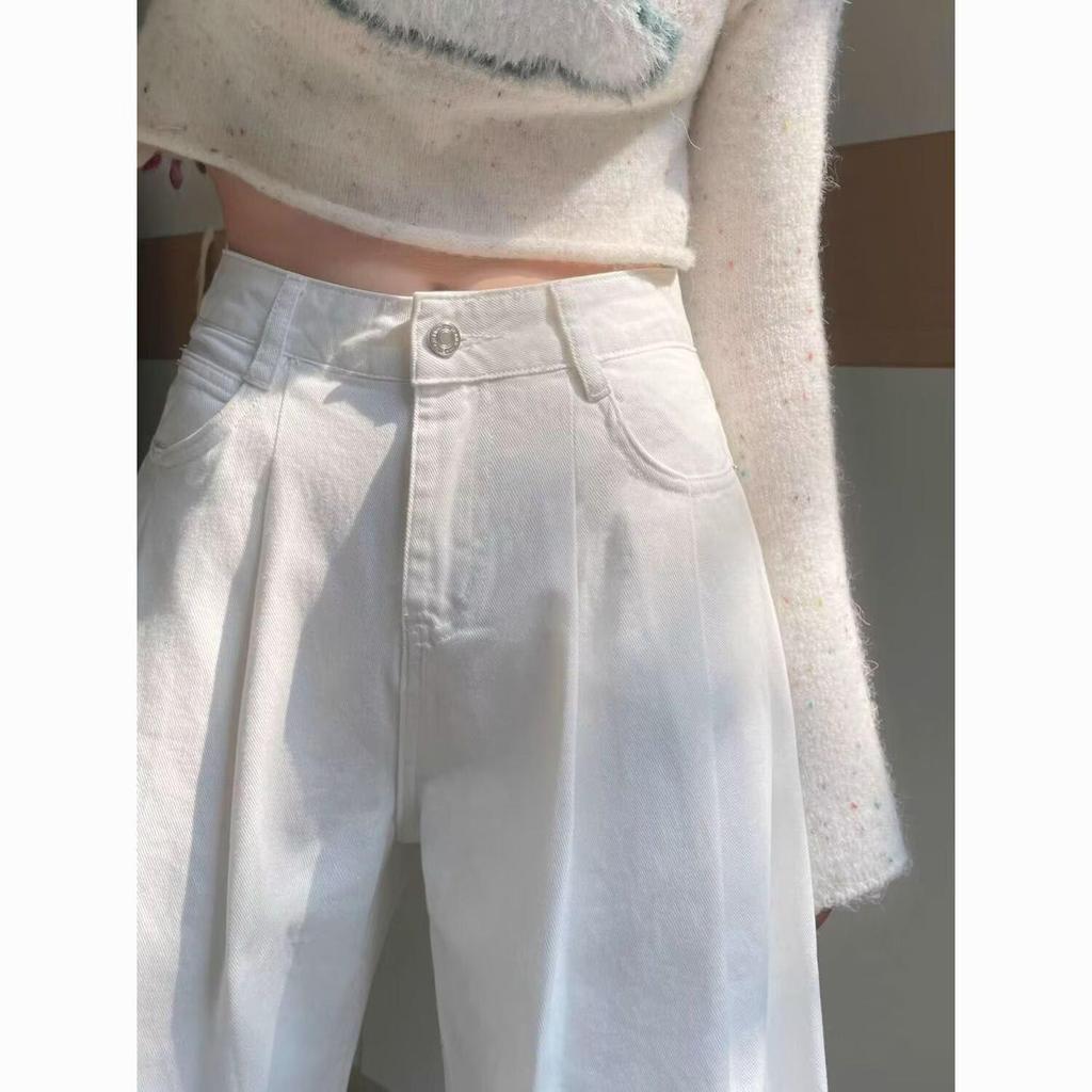 Women's White Wide-Leg Jeans, 2025 Spring/Summer, Pleated High-End, Loose Drapey Full-Length Pants.