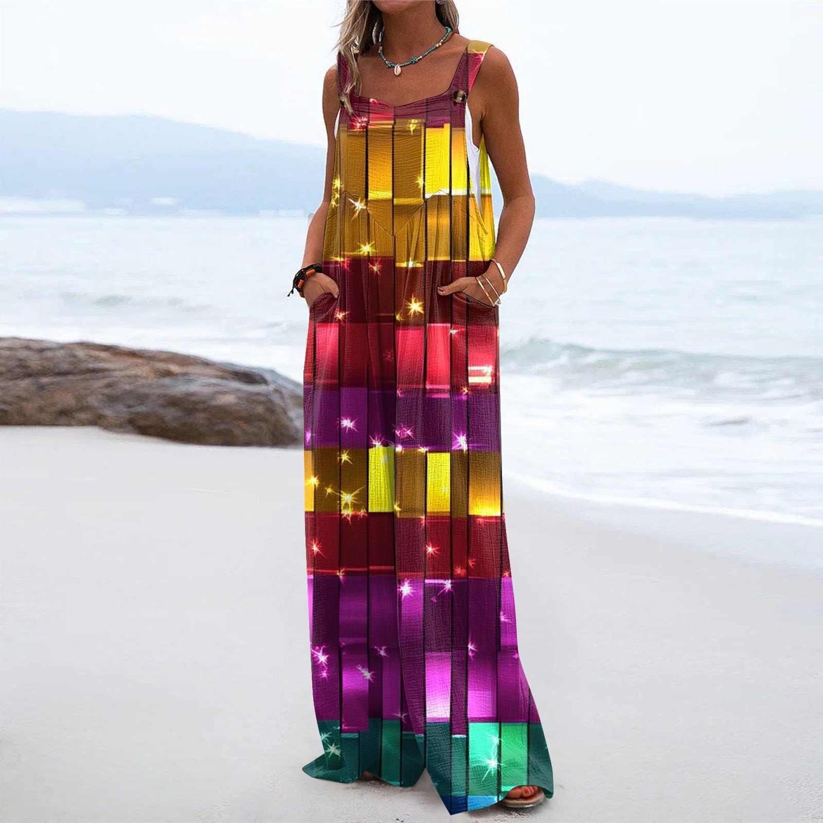 

Широкий комбинезон для женщин, повседневный свободный комбинезон без рукавов с принтом и пуговицами, длинные брюки, комбинезон с карманами XL жёлтый