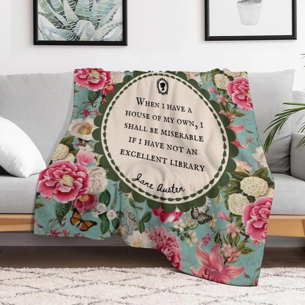 Cytat z Biblioteki Jane Austen, Literacki, Książkowy, Miłośnik Książek, Koc Dekoracyjny w Stylu Vintage z Kwiatami, Gigantyczny Koc na Kanapę, Koc Jednoosobowy