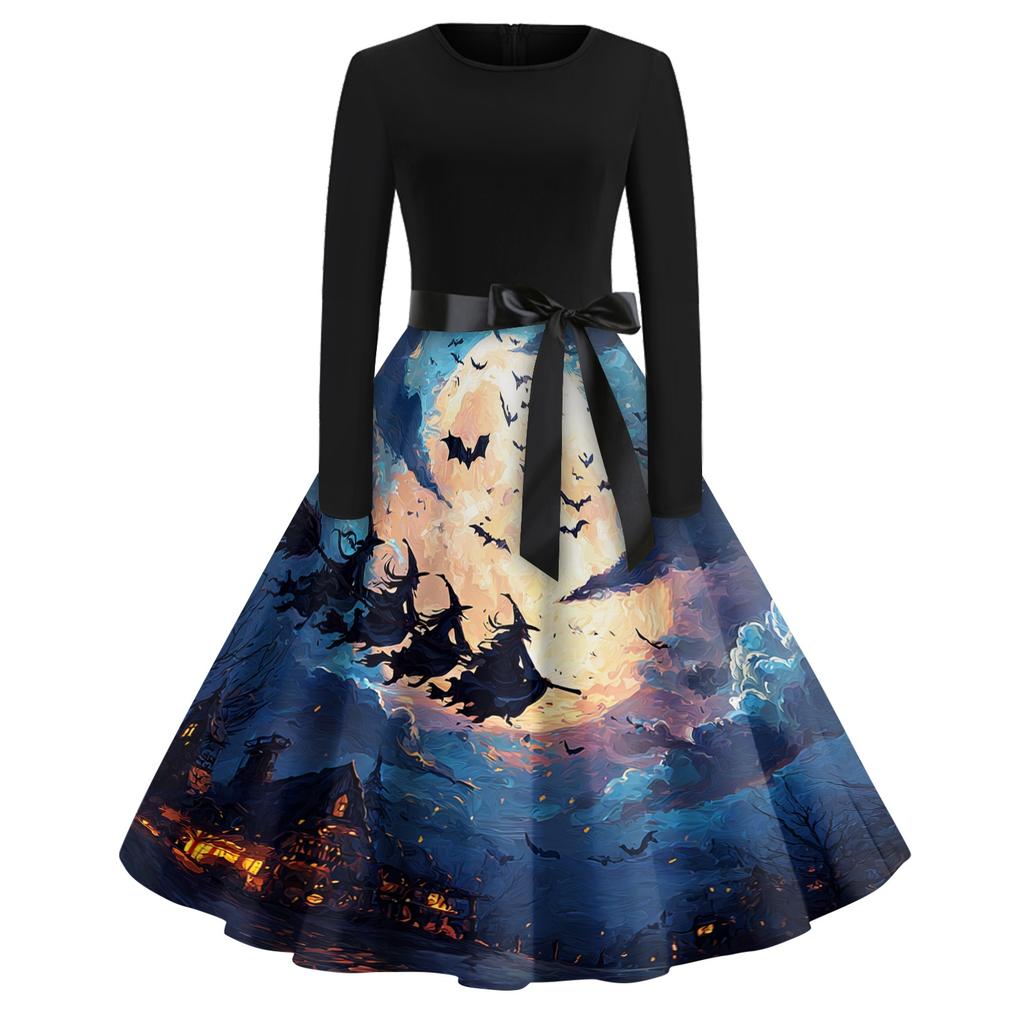 Women's Casual Vintage Halloween Print Dress Long Sleeve Round Neck Retro Style Midi Dress with Waist Tie for Everyday Wear