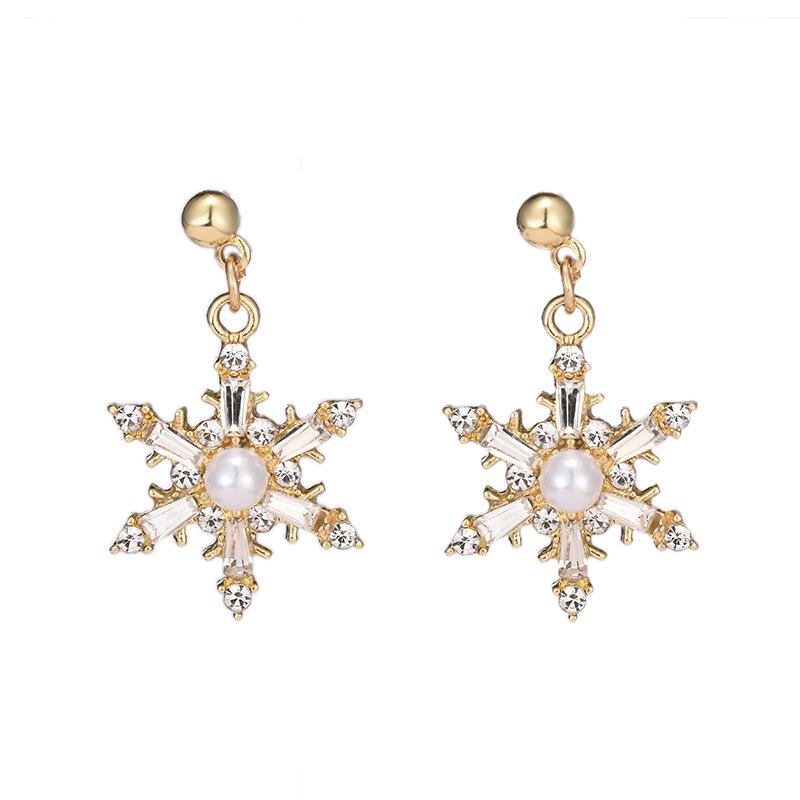 European & American Christmas Zircon Snowflake Imitation Pearl Tassel Earrings