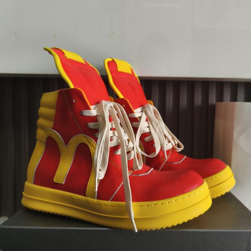 

Red and Yellow Color Match Mens High Top Sneakers Shoes Flat Platform Height Increasing Big Size Trendy Fashion Cool Booties 47