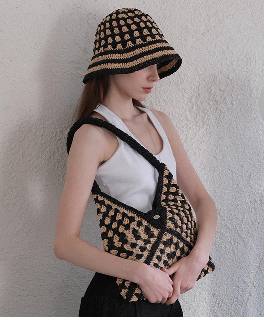 Seullouseulloulli Fruits Handmade Crochet Raffia Bucket Hat _ Mix (Beige & Black)