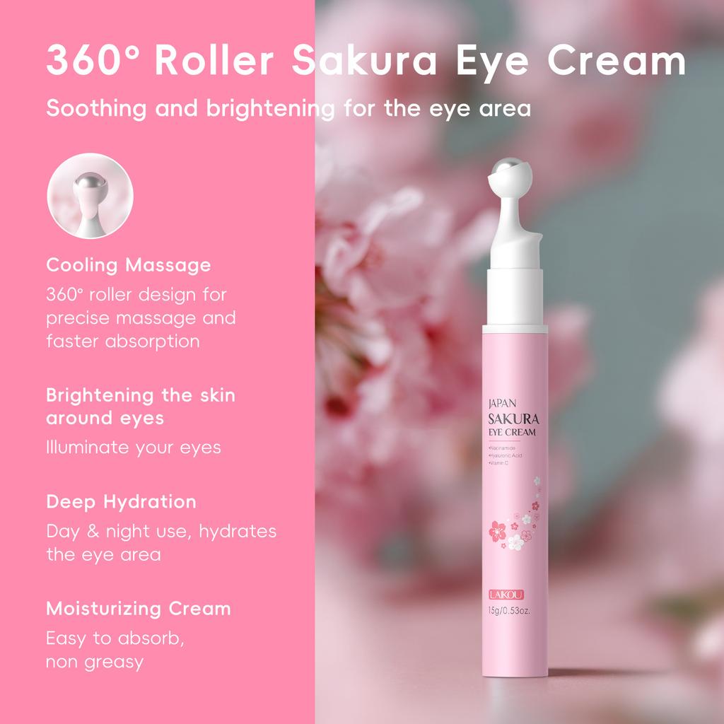 LAIKOU Sakura Eye Cream - Smoothing Eye Roller with Vitamin C, Niacinamide & Hyaluronic Acid, Cherry Blossom Scent, Moisturizing &, Eye Care