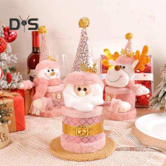 Christmas Candy Jar Christmas Plush Santa/Snowman/Elk Candy Holder Pink Candy Storage Box Fruit Packaging Jar for Home Decor