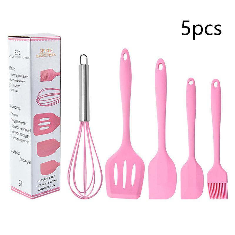 5Pcs Silicone Kitchen Cooking Utensils Set Non-Stick Flexible Kitchen Tools With Cake Spatula Whisk Oil Brush And Cooking Shovel