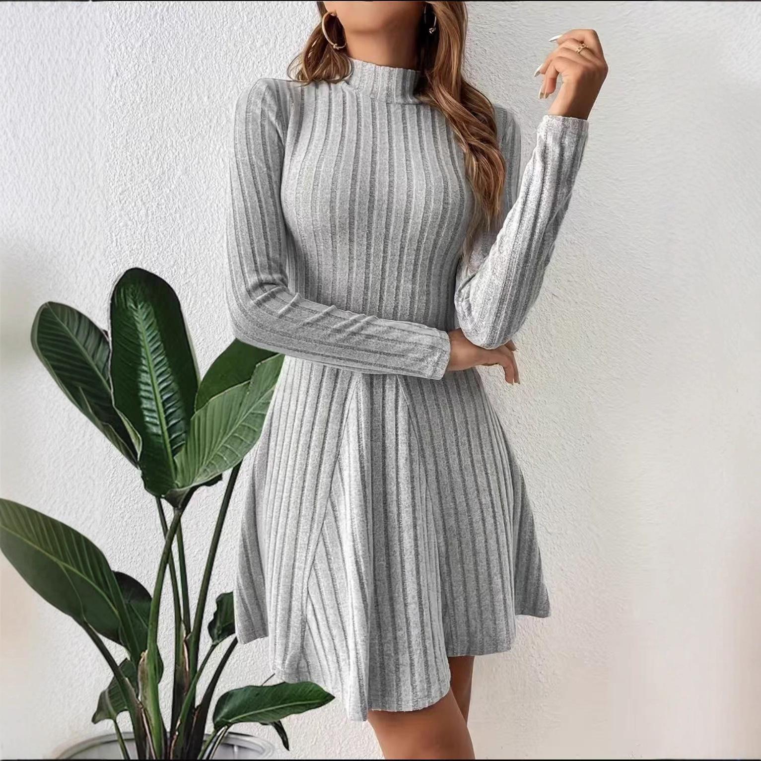 

Autumn 2025 Women s Slimming A-line Ribbed Dress with Semi-high Neck and Long Sleeves L сірий колір