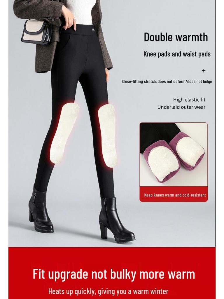 Women's Fleece-Lined High-Waist Winter Pants - Thick, Warm, Slimming, Plus Size Pencil Style with Knee Protection.