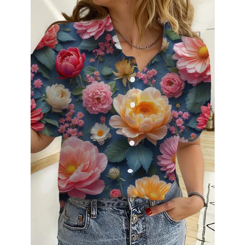 Hawaiian Womens Shirts Short Sleeve Button Floral Rose Printed Tops Casual Beach Shirts Summer New Sunflower Blouse Women's Tops