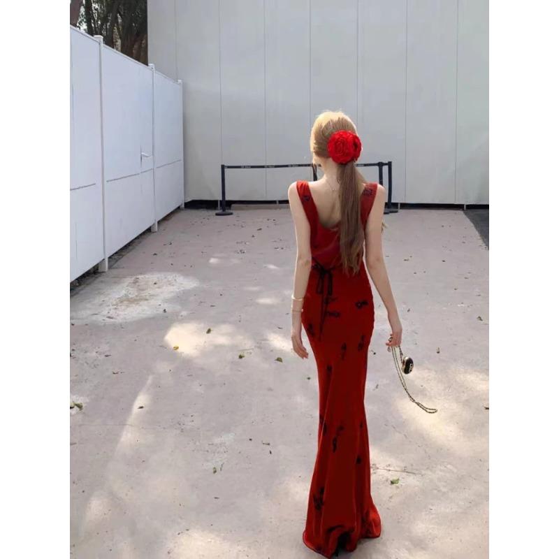 Robe d'été élégante coréenne pour femme, décontractée, à imprimé floral, col en V, midi, style plage, dos nu, sexy, slim, à bretelles