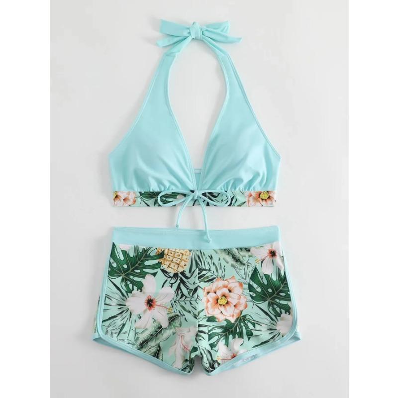 Fashion Printed Swimsuit Women Spliced Lace Up Sporty Surfing Bikini Set Bathing Suit Beachwear Swimwear Female Swimming Suits