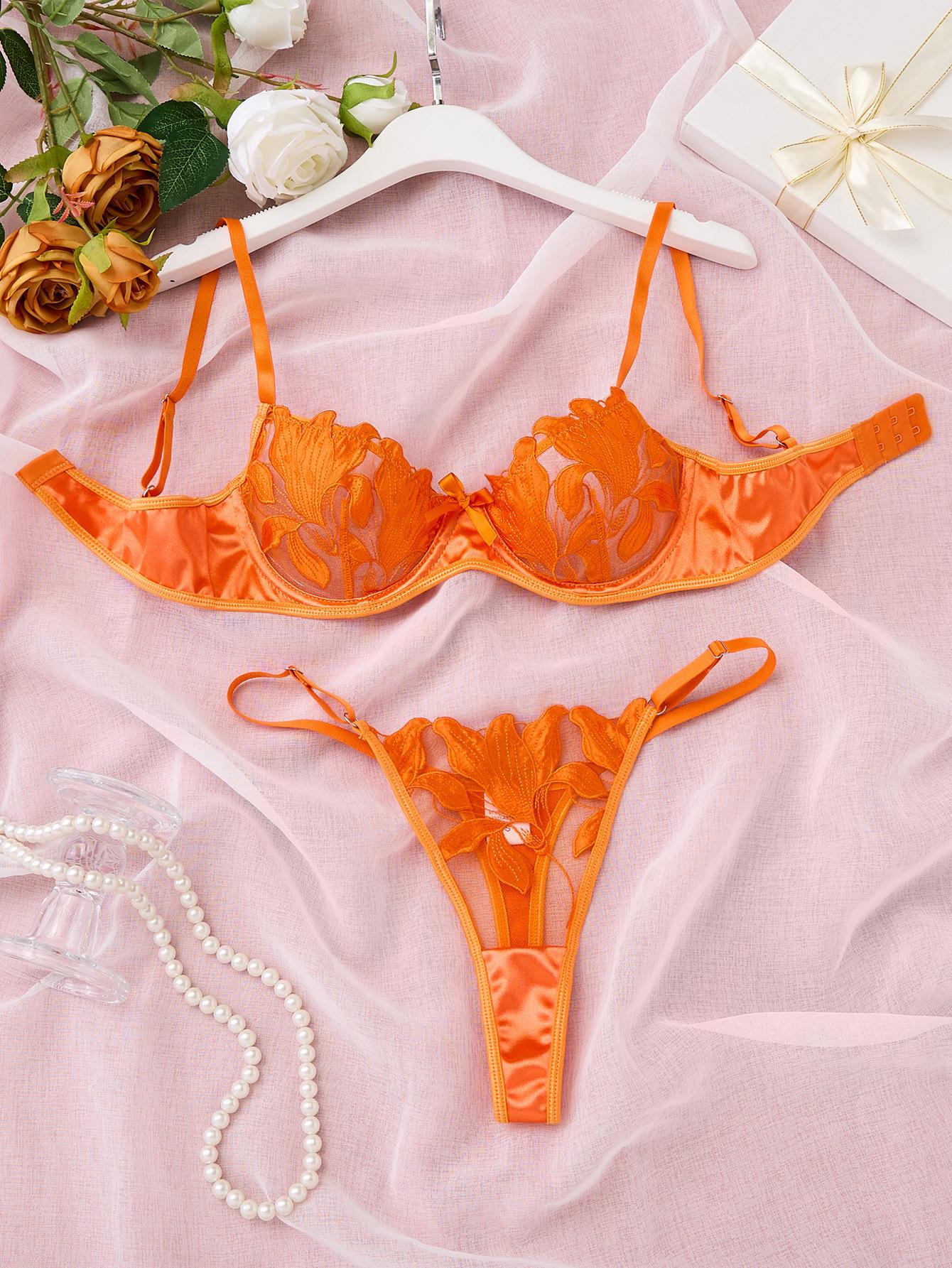 

Солодкий мереживний вишитий сітчастий прозорий комплект білизни Large помаранчевий