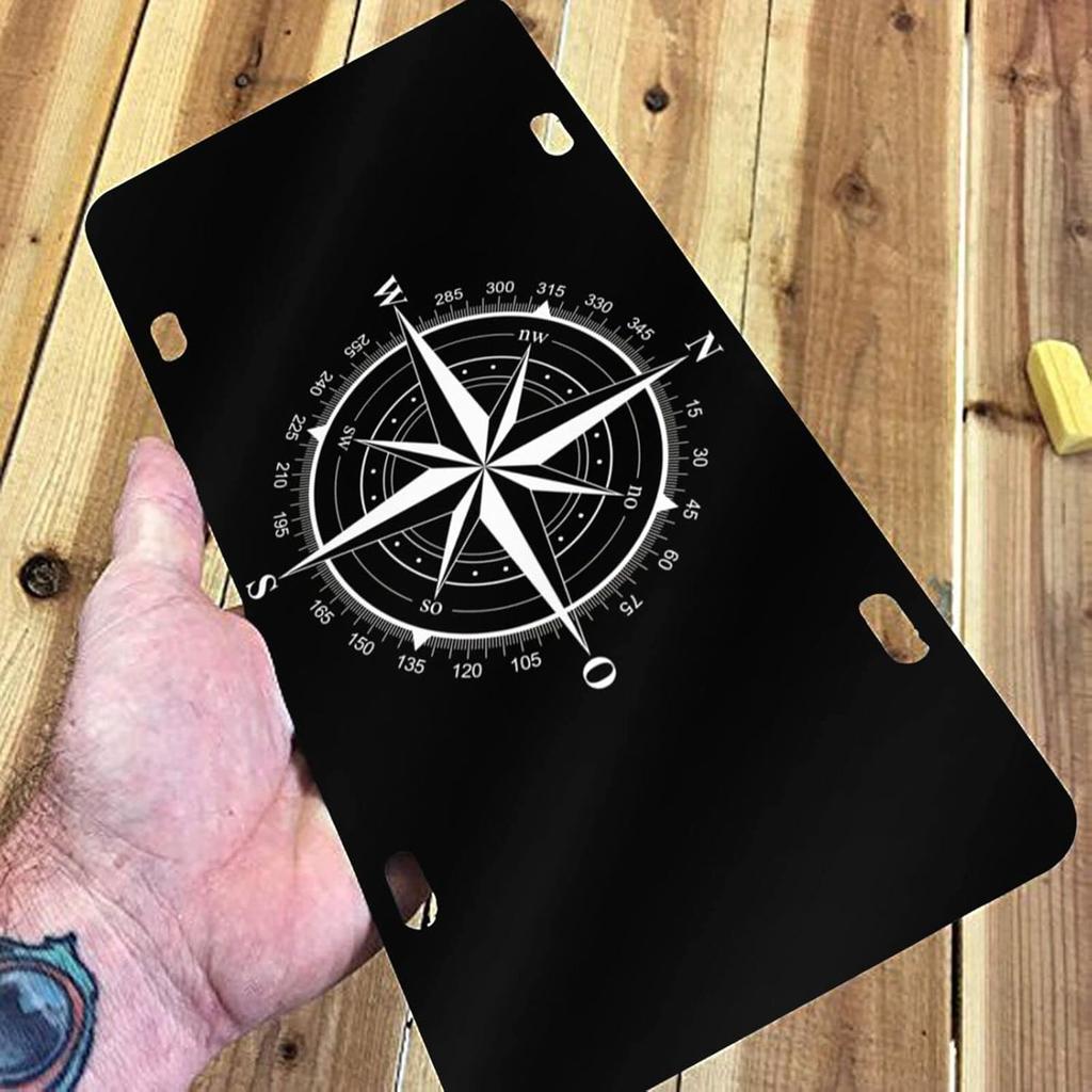 Black And White Compass Rose Front License Plate Aluminum Decorative License Plates Funny Metal Car Plate 6"X12" Novelty Vanity Tag Cover With 4