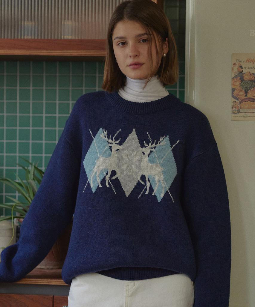 Dieomaidieo My Deer Jacquard Knit (Navy)