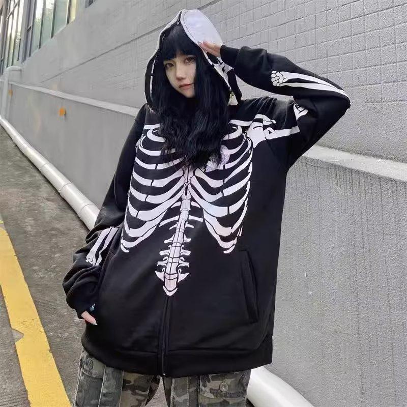 

Унисекс Готическая толстовка на молнии со скелетом - Стиль Харадзюку, Европейский и Американский 2025 XXL чёрный
