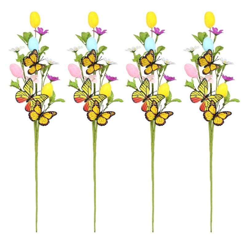 4Pcs Bendable Easter Eggs Butterfly Flower Stems Artificial Silk Flower for Vase Flower Arrangements Home Decoration