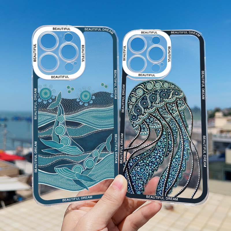 Ocean Whale Jellyfish Hand Painted Pattern Clear Phone Case For iphone 14 11 12 13 15 Plus Pro Max 7 8 Plus SE2020 X XR XS Cover
