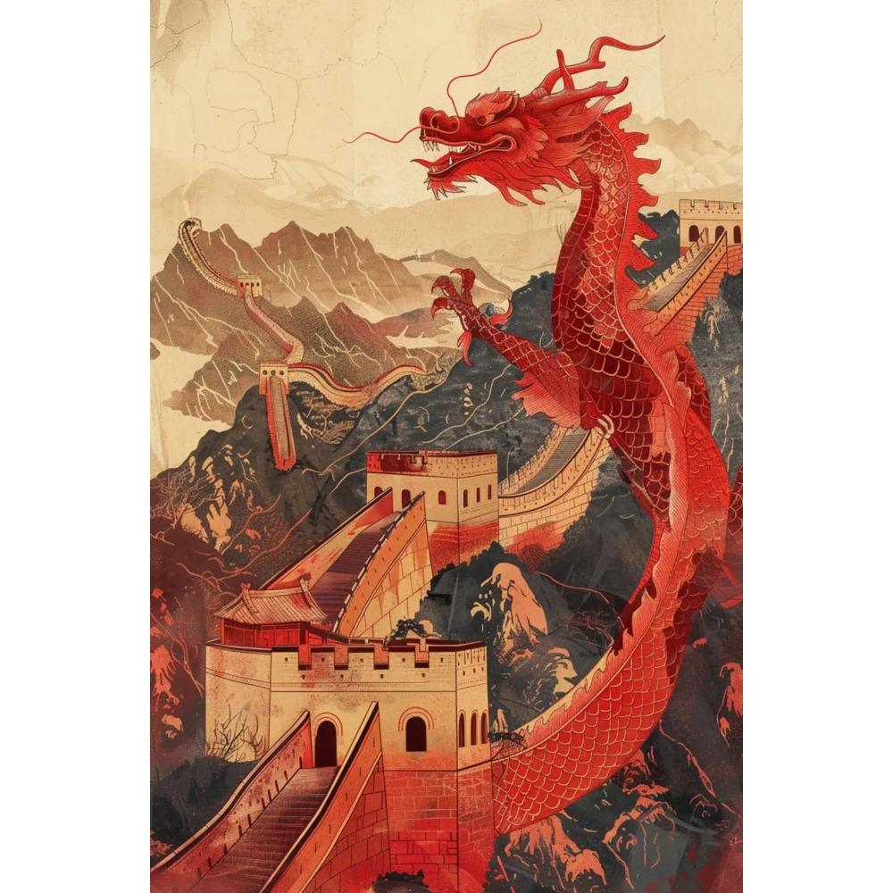 Vintage Iconic Mysterious Grand Chinese Loong Poster The Great Wall Modern Prints Canvas Wall Art Picture Home Living Room Decor
