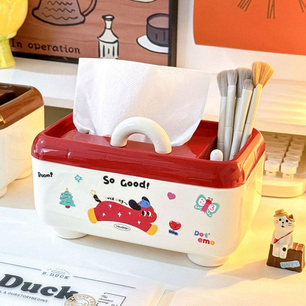 Fashion Dopamine Stationery Storage Box Large Capacity Cartoon Pattern Cosmetics Storage Box Multi Grid with Stickers Pen Holder