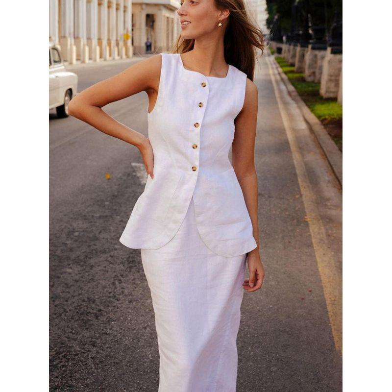 Solid Color Sleeveless Long Skirt Set Solid Sleeveless Cardigan Long Dress Set Women