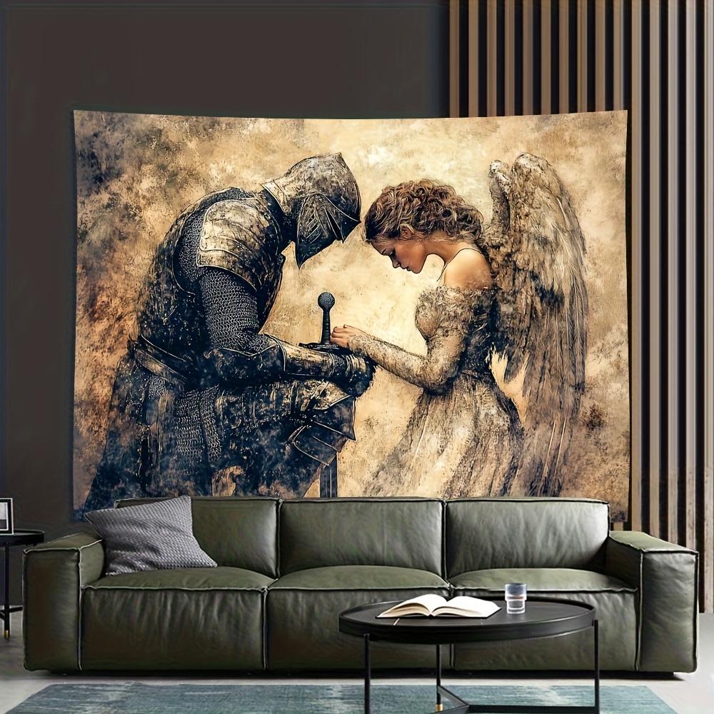 Arazzo Cavaliere e Angelo, Guerriero Medievale con Fanciulla Alata, Arte Murale Fantasy Romantico per Arredamento Casa Camera da Letto