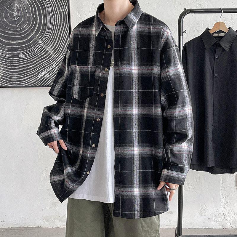 Men's Retro Black & White Plaid Long-Sleeve Shirt - Casual, Loose-Fit for Spring & Autumn