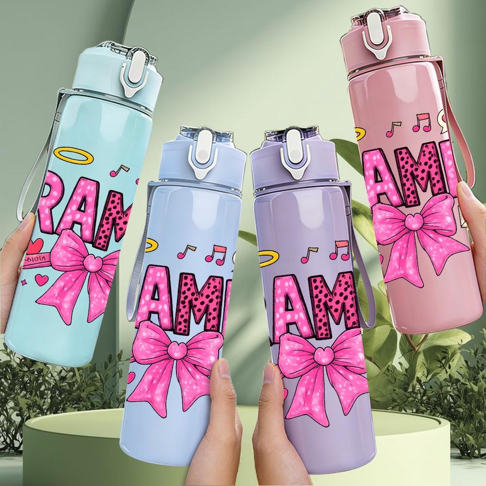 1PC Grammy Bow Heart Art 750ml Color Plastic Sports Water Bottle Leakproof Flip Straw Lid Suitable for Sports Office Home Use