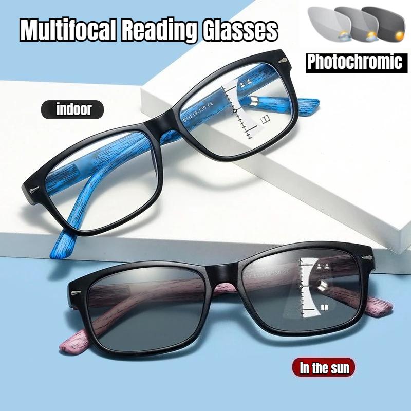 Men Women Fashion Photochromic Multifocal Reading Glasses Square Frame High Definition Anti-Blue Light Presbyopia Glasses +4.0