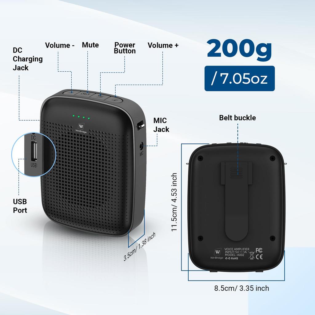 W WINBRIDGE 15W Kompakt Bärbart PA-system med Headset och Idealiskt för Detaljhandel Turism och Talare A002 Högtalare, Handsfree Högtalare, Mikrofon, Evenemang,