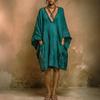 Women's Fashion Loose Fit Batwing Sleeve Dress V Neck Casual Comfortable Lightweight Fabric Pocket Detail Summer Beachwear