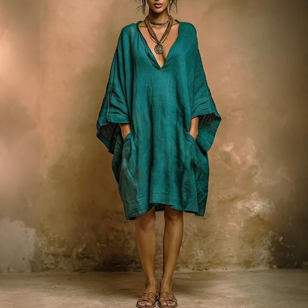 Women's Fashion Loose Fit Batwing Sleeve Dress V Neck Casual Comfortable Lightweight Fabric Pocket Detail Summer Beachwear