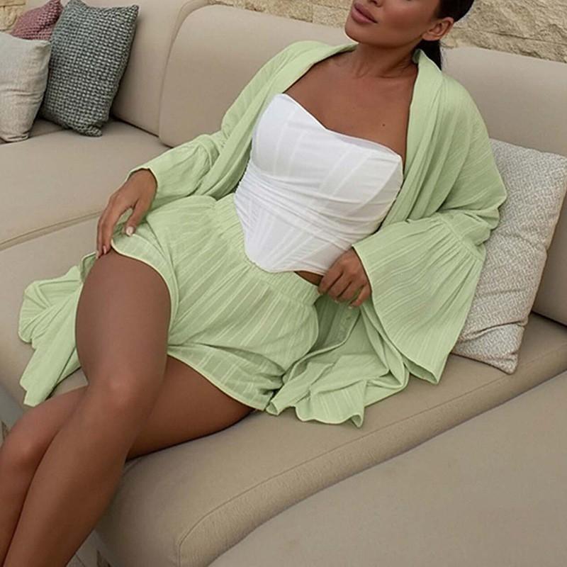 Clothes Women's Are Fashionable Elegant Solid Color Striped Ruffled Shorts Set