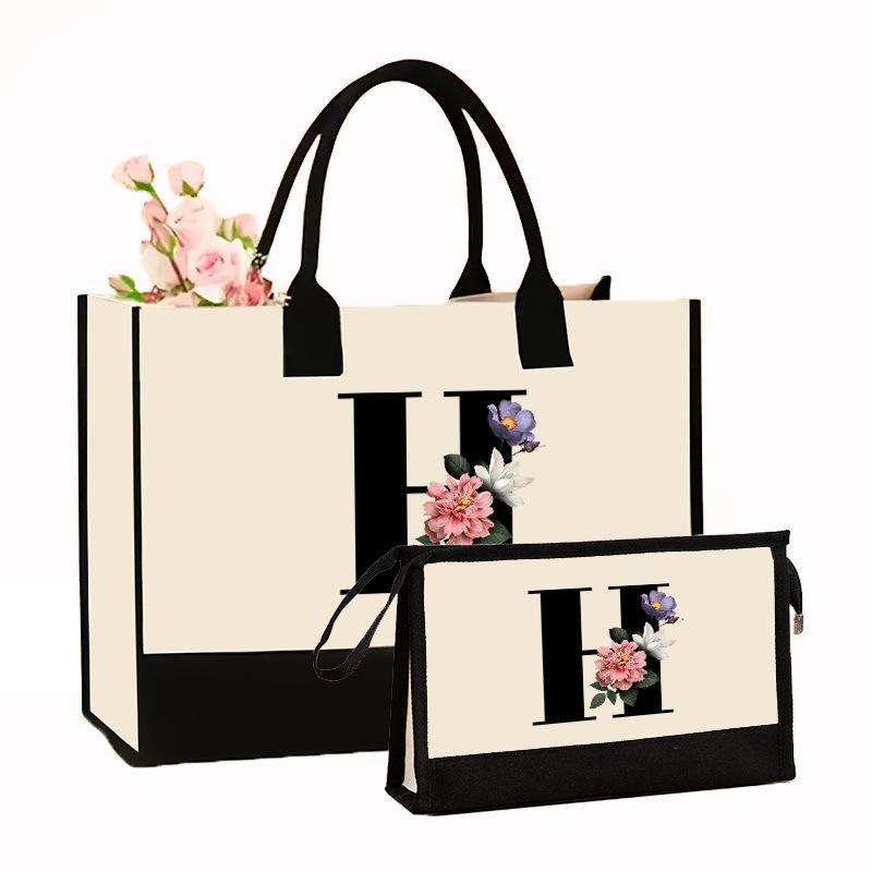 Canvas Shoulder Bag Makeup Set with Color Block Print & Portable Zipper Clutch