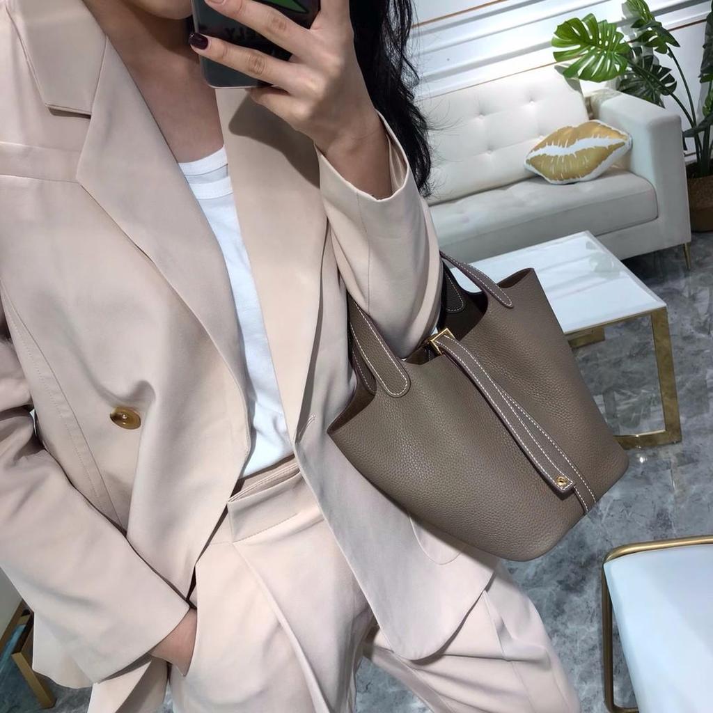 2022 Cowhide Lychee Pattern Bucket Bag: Stylish All-Match Handbag for Women