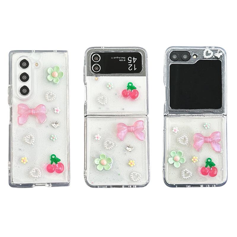 Small Fresh Cherry Bow Flower Mobile Phone Case for Samsung Zflip6 Flip Folding Screen Zfold5 Hard Case