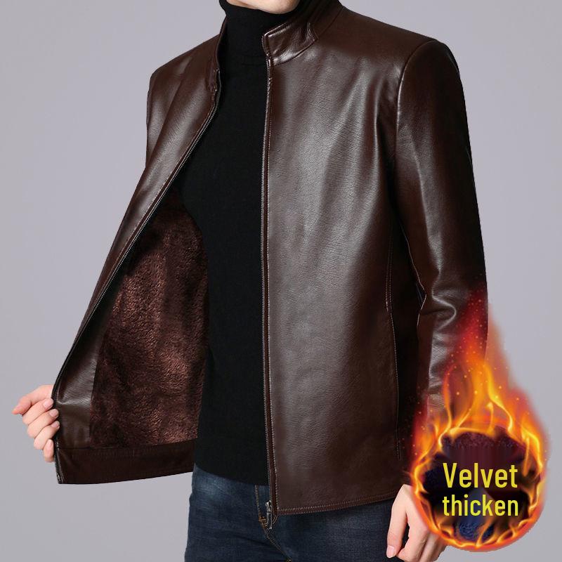 2024 Men's Fleece-Lined & Thin Style Winter Leather Jacket for Middle-Aged and Elderly