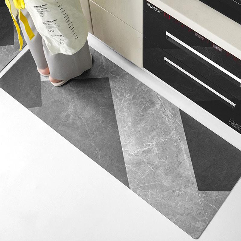 Kitchen Floor Mat Waterproof Non-Slip Oil-Resistant Leather Carpet Pvc Gray Imitation Marble Geometric Rug Home Decoration Mat