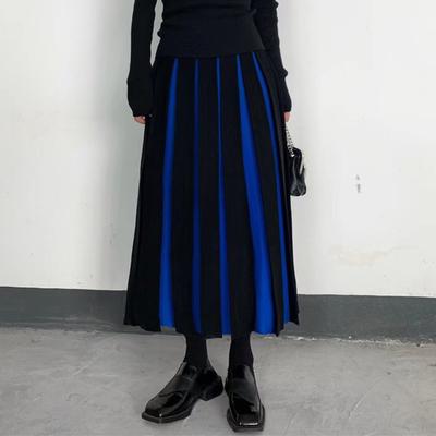Women Midi Skirt High Waist Patchwork Color Pleated Skirt Autumn Knitting Skirt Versatile Comfortable Daily Wear